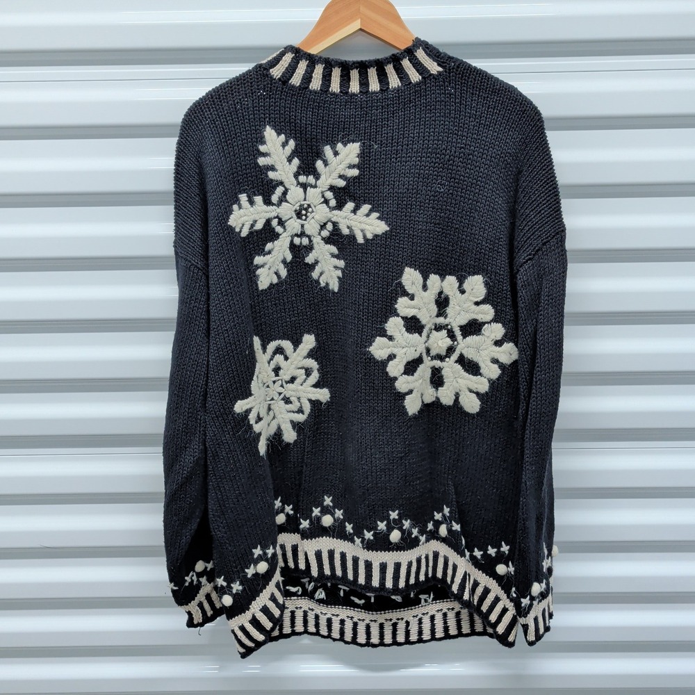 Lizi Ruch Vintage Snowflake Sweater Large Womens Black Ivory Chunky Knit Cotton